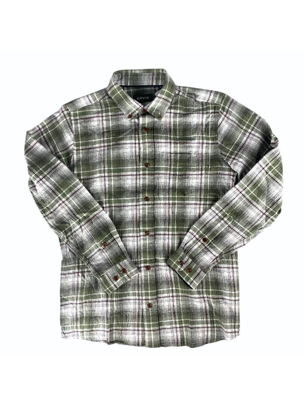Orvis Mens S Crushed Herringbone Green Plaid Cotton Button Up Shirt Active Fit